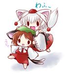 animal_ears blush brown_hair cat_ears cat_tail chen chibi detached_sleeves hat highres inubashiri_momiji multiple_girls multiple_tails open_mouth short_hair simple_background smile solid_circle_eyes tail tokin_hat touhou white_background white_hair wolf_ears wolf_tail yume_shokunin 