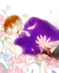  brown_hair closed_eyes fate/zero fate_(series) flower highres jacket laughing male_focus purple_jacket solo toma_'3' uryuu_ryuunosuke 