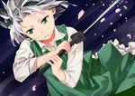  face green_eyes hairband konpaku_youmu parted_lips petals pino_(birthdayparty) short_hair silver_hair solo sword touhou weapon 