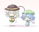  backpack bag blue_hair blush chibi closed_eyes fang gaius_(nikoniko2) hair_bobbles hair_ornament hat hat_ribbon kawashiro_nitori komeiji_koishi lifting_person mechanical_arms multiple_girls o_o open_mouth ribbon shirt short_hair silver_hair skirt smile surprised sweatdrop third_eye touhou two_side_up 