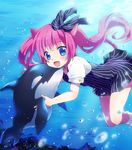  :d animal_ears bad_id bad_pixiv_id blue_eyes bubble cat_ears dress hair_bobbles hair_ornament long_hair looking_at_viewer open_mouth original pink_hair sakuro smile striped twintails underwater whale 