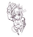  animal_ears arm_up armlet armor bare_shoulders bikini_armor boots breasts cleavage dagger elbow_gloves fingerless_gloves foreshortening gloves greaves medium_breasts monochrome navel open_mouth original reason_(ficafe) sketch solo sweatdrop tail thigh_boots thighhighs weapon 