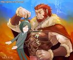  armor bad_id bad_pixiv_id beard cape collar_grab facial_hair fate/zero fate_(series) ginko_(silver_fox) green_hair male_focus manly multiple_boys red_eyes red_hair rider_(fate/zero) size_difference tears waver_velvet 