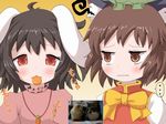  2girls animal_ears black_hair bow bowtie brown_eyes bunny bunny_ears carrot carrot_necklace cat cat_ears chen derivative_work eating hat inaba_tewi jewelry maromi_gou multiple_girls necklace parody pendant photo-referenced red_eyes reference_photo reference_photo_inset short_hair touhou upper_body 