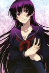  absurdres black_hair black_serafuku blush breast_grab breasts cleavage ghost grabbing guided_breast_grab highres kanoe_yuuko long_hair medium_breasts non-web_source nyantype official_art out_of_frame pov pov_hands red_eyes scan school_uniform serafuku solo_focus tasogare_otome_x_amnesia ushijima_nozomi very_long_hair 