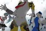  aegis_(persona) android ass bare_shoulders blue_hair book card dress elizabeth_(persona) gloves grey_hair hat head_out_of_frame labrys long_hair multiple_girls necktie persona persona_3 persona_4:_the_ultimate_in_mayonaka_arena ponytail red_eyes robot_joints school_uniform short_hair sleeveless sleeveless_dress smile troyd weapon yellow_eyes 