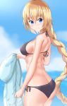  absurdres ass bangs bare_arms bare_shoulders bikini black_bikini blonde_hair blue_eyes blue_jacket blue_sky blurry blurry_background blush braid breasts closed_mouth cloud commentary_request day depth_of_field eyebrows_visible_through_hair fate/grand_order fate_(series) hair_between_eyes halter_top halterneck highres holding holding_jacket jacket jacket_removed jeanne_d&#039;arc_(fate)_(all) jeanne_d&#039;arc_(swimsuit_archer) jeanne_d'arc_(fate) jeanne_d'arc_(fate)_(all) jeanne_d'arc_(swimsuit_archer) kirikan large_breasts long_hair looking_at_viewer looking_to_the_side outdoors side-tie_bikini sidelocks single_braid sky smile solo swimsuit very_long_hair 