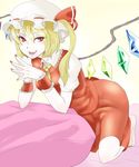  bad_id bad_pixiv_id blonde_hair fangs flandre_scarlet hat long_hair nail_polish red_eyes side_ponytail skirt skirt_set solo somsom steepled_fingers touhou wings wrist_cuffs 