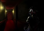  apron braid candle dark door glowing glowing_eyes hallway highres horror_(theme) izayoi_sakuya looking_at_viewer maid maid_headdress null_(hakugenya) red_carpet red_eyes solo touhou twin_braids 