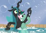  blue_hair bubble bubble_bath changeling equine fangs female feral fizzy_(mlp) friendship_is_magic green_eyes gsphere hair horse mammal my_little_pony pony purple_eyes queen_chrysalis_(mlp) water wings 