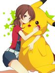  bad_id bad_pixiv_id bare_legs brown_eyes brown_hair character_doll doll_hug gen_1_pokemon kneeling kotone_(pokemon) looking_at_viewer monaco_(rmn02) no_hat no_headwear overalls pikachu pokemon pokemon_(creature) pokemon_(game) pokemon_hgss solo star stuffed_animal stuffed_toy twintails 