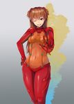  blue_eyes bodysuit hand_on_hip highres irohasu long_hair looking_at_viewer multicolored multicolored_bodysuit multicolored_clothes navel neon_genesis_evangelion one_eye_closed orange_bodysuit orange_hair plugsuit rebuild_of_evangelion red_bodysuit shikinami_asuka_langley smile solo souryuu_asuka_langley test_plugsuit 