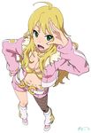  :d asymmetrical_clothes belt blonde_hair blush breasts cleavage cropped_jacket fishnet_pantyhose fishnets from_above green_eyes hand_on_hip hoshii_miki idolmaster idolmaster_(classic) long_hair looking_at_viewer medium_breasts midriff navel open_mouth pantyhose pink_diamond_765 salute short_shorts shorts simple_background smile solo suna white_background 