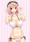  arcueid_brunestud bikini blonde_hair blush breasts cleavage collarbone cosplay groin headphones large_breasts looking_at_viewer miyai_sen navel nitroplus open_mouth red_eyes shiny shiny_skin short_hair side-tie_bikini skindentation smile solo strap_gap striped striped_background super_sonico super_sonico_(cosplay) swimsuit thigh_gap tsukihime white_background white_bikini 