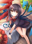  asymmetrical_wings bad_id bad_pixiv_id bare_legs barefoot black_dress black_hair blush bon bow dress houjuu_nue looking_at_viewer on_bed pillow red_eyes short_hair sitting sitting_on_bed snake solo touhou v_arms wings wristband 