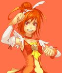  blush bow choker clenched_hands cure_sunny detached_sleeves grin hair_ornament hino_akane_(smile_precure!) orange_(color) orange_choker orange_hair orange_skirt precure red_eyes short_hair simple_background skirt smile smile_precure! solo upper_body yuuji_(and) 