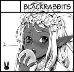  black_border border branch_(blackrabbits) circle_cut dark_skin eating elf face flower greyscale hair_flower hair_ornament monochrome original pointy_ears portrait solo 