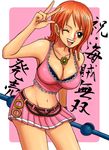  ;d breasts brown_eyes cleavage clima-tact flower jewelry kiyu_(zuyu) large_breasts midriff miniskirt nami_(one_piece) navel necklace one_eye_closed one_piece open_mouth orange_hair pink pink_background short_hair skirt smile solo teeth translation_request v 