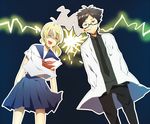  1girl ahoge alternate_costume artoria_pendragon_(all) bad_id bad_pixiv_id bespectacled black_hair blonde_hair cigarette emiya_kiritsugu facial_hair fate/zero fate_(series) glasses hands_in_pockets labcoat momokasa necktie saber school_uniform serafuku stubble 