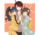  2girls araragi_karen araragi_koyomi araragi_tsukihi bad_id bad_pixiv_id black_eyes black_hair brother_and_sister hair_over_one_eye hood hooded_track_jacket jacket japanese_clothes kimono long_hair mizuta_mari monogatari_(series) multiple_girls nisemonogatari short_hair siblings side_ponytail sisters track_jacket 