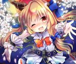  :3 ;d bad_id bad_pixiv_id blonde_hair blush bow chain fang flower hair_bow horns ibuki_suika kedama_milk long_hair one_eye_closed open_mouth outstretched_arms red_eyes smile solo touhou wrist_cuffs 