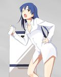  bare_legs blue_hair brown_eyes flat_chest hand_on_hip idolmaster idolmaster_(classic) kisaragi_chihaya long_hair milk naked_shirt one_eye_closed open_mouth refrigerator shirt solo teru_(grafroller) 