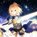  absurdres armor artoria_pendragon_(all) bad_revision blonde_hair downscaled_revision dress excalibur fate/zero fate_(series) green_eyes highres kujou_ichiso md5_mismatch saber short_hair sky solo star_(sky) starry_sky sword weapon 
