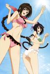  absurdres animal_ears ass bikini black_hair braid day highres long_hair matsumoto_keita multiple_girls neris_(shining_hearts) non-web_source nyantype official_art paw_pose scan shaomei_rin shining_(series) shining_hearts side-tie_bikini sky swimsuit tail tail_through_clothes very_long_hair 