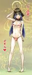  armor bad_id bad_pixiv_id barefoot bikini blue_eyes blue_hair breasts chikuwa_(tks) covered_nipples helmet japanese_armor kabuto long_hair original small_breasts solo swimsuit 