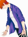  black_eyes fate/zero fate_(series) jacket male_focus mishina_nao orange_hair purple_jacket red_hair solo uryuu_ryuunosuke white_background 