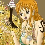  1boy 1girl bangle bikini_top bracelet breasts cake cleavage coin cross cross_necklace crown earrings eyebrows food formal heart heart_eyes jewelry kyo_(pixiv2376063) large_breasts log_pose long_hair lowres nami_(one_piece) necklace one_piece orange_hair pearl ring sanji smile suit sword tattoo treasure weapon 