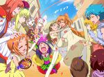  6+girls aphrodite_(suite_precure) barefoot baritone_(suite_precure) bassdrum blue_eyes blue_sky bridal_veil bride brown_hair carrying classmate_with_glasses_(suite_precure) closed_eyes day dress eyelashes falsetto_(suite_precure) formal girl_with_topknot_(suite_precure) good_end happy higashiyama_seika houjou_hibiki hummy_(suite_precure) kurokawa_eren long_dress long_hair mephisto_(suite_precure) minamino_kanade multiple_boys multiple_girls nikukyuu-man nishijima_waon noise_(suite_precure) orange_hair p-chan_(suite_precure) precure princess_carry rainbow seiren_(suite_precure) shirabe_ako sky smile suit suite_precure veil wedding wedding_dress white_suit wife_and_wife yuri 