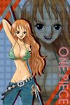  bad_anatomy bad_proportions belt bikini_top black_eyes breasts cleavage clima-tact denim earrings groin jeans jewelry kyo_(pixiv2376063) large_breasts long_hair nami_(one_piece) official_style one_piece orange_hair pants smile solo tattoo zoom_layer 