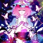  bad_id bad_pixiv_id breasts bug butterfly closed_eyes hat insect japanese_clothes medium_breasts mei_(meiko22) obi pink_hair saigyouji_yuyuko sash short_hair smile solo touhou triangular_headpiece 