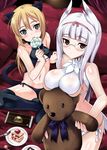  animal_ears aqua_eyes black_panties blonde_hair breasts candy cat_ears cat_tail chocolate food fork glasses hairband heidimarie_w_schnaufer heinrike_prinzessin_zu_sayn-wittgenstein holding kyougoku_shin large_breasts licking lollipop long_hair looking_at_viewer multiple_girls navel no_shoes noble_witches panties pillow pink_eyes plate side-tie_panties silver_hair stuffed_animal stuffed_toy tail teddy_bear thighhighs underwear underwear_only white_panties world_witches_series 