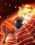  bad_id bad_pixiv_id blonde_hair bow brown_eyes hair_bow kurodani_yamame lying onyuuuu ponytail silk smile solo spider_web touhou 