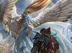  1girl angel angel_wings armor feathers floating johannes_voss large_wings long_hair magic:_the_gathering official_art restoration_angel signature very_long_hair white_wings wings 