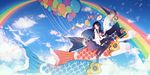  1girl balloon bird black_hair book card clock highres holding holding_hands hourglass koinobori long_hair no_shoes original playing_card rainbow reira_(zetalatte) school_uniform serafuku shirt sky surreal thighhighs umbrella 