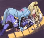  ass blonde_hair blue_eyes blush bodysuit food goma_tonbi long_hair metroid multiple_girls pocky pocky_kiss ponytail red_eyes reverse_trap revision samus_aran shared_food sheik super_smash_bros. tabard the_legend_of_zelda the_legend_of_zelda:_ocarina_of_time yuri zero_suit 