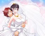  1girl bad_id bad_pixiv_id black_hair breasts brown_hair cleavage dress earrings glasses gloves good_end gundam gundam_00 jewelry kati_mannequin large_breasts miyayoshi_(bricola) mole mole_under_mouth necklace patrick_colasour purple_eyes veil wedding_dress 