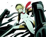  aegis_(persona) android blonde_hair blue_eyes mushisotisis necktie persona persona_3 persona_4:_the_ultimate_in_mayonaka_arena robot_joints short_hair simple_background smile solo 