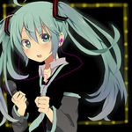  amida aqua_eyes aqua_hair earbuds earphones hatsune_miku highres long_hair microphone necktie open_mouth solo twintails vocaloid 