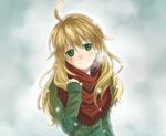  ahoge blonde_hair blush fringe_trim green_eyes hoshii_miki idolmaster idolmaster_(classic) long_hair scarf smile solo sweater ueyasu 