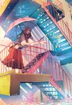  :o brown_eyes brown_hair candy caustics flower food hair_flower hair_ornament leaf leaning_forward long_hair long_skirt looking_up open_mouth original outstretched_hand railing rain red_skirt skirt solo stairs surreal tsukioka_tsukiho umbrella water 