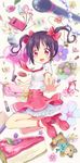  :d bag black_hair bouquet cake cellphone cellphone_charm dress flower food hanon_(sakuro) heart high_heels lipstick makeup microphone open_mouth original outstretched_arms phone pink_eyes sakuro shoes slice_of_cake smile solo stuffed_animal stuffed_toy teddy_bear twintails 