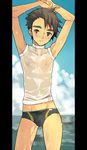  arms_up black_eyes black_hair coin_rand highres male_focus male_swimwear nipples original shirt solo swim_briefs swimwear tight_shirt wet 