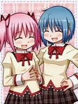  blue_hair closed_eyes hair_ornament hair_ribbon hairclip kaname_madoka mahou_shoujo_madoka_magica miki_sayaka multiple_girls open_mouth pink_hair ribbon school_uniform sen-asanagi short_hair short_twintails smile twintails 