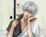  8556705h gintama highres japanese_clothes male_focus one_eye_closed realistic red_eyes sakata_gintoki silver_hair solo white_hair 