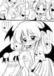  bat_wings blush breasts comic greyscale hat head_wings highres huge_breasts koakuma long_hair monochrome multiple_girls nipples patchouli_knowledge pointy_ears touhou translated wings yuki_hime_haruka yuri 