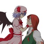  bat_wings blue_hair braid dress green_eyes hair_ribbon hands_on_another's_face hong_meiling long_hair looking_at_another multiple_girls neko_majin no_hat no_headwear profile red_eyes red_hair remilia_scarlet ribbon short_hair simple_background smile tears torn_clothes touhou white_background wings 